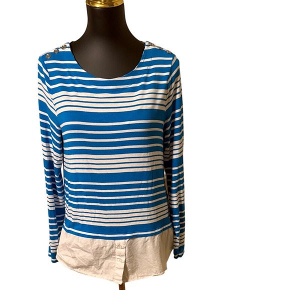 Calvin Klein Tops - Calvin Klein Womens Blue White Striped Mixed Media Layered Top Button Shoulder